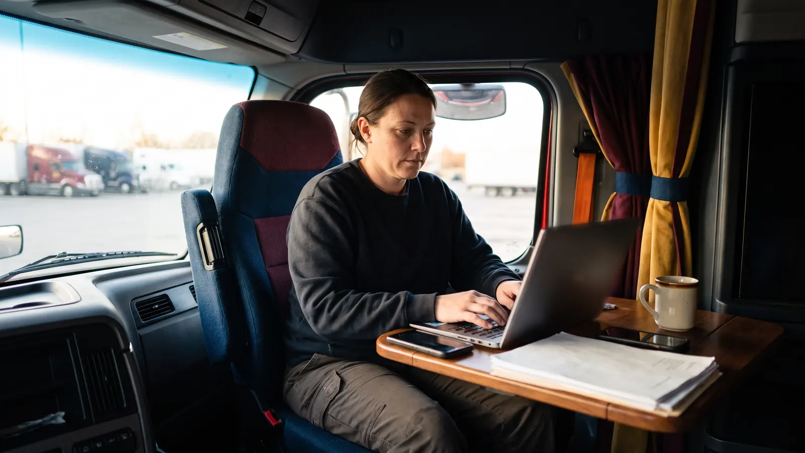 Truck driver in his cab filing a freight broker complaint on a laptop with his load documents beside him