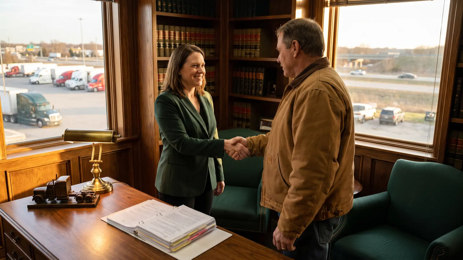 Transportation attorney shaking hands with an owner-operator in a law office with a truck yard outside the window