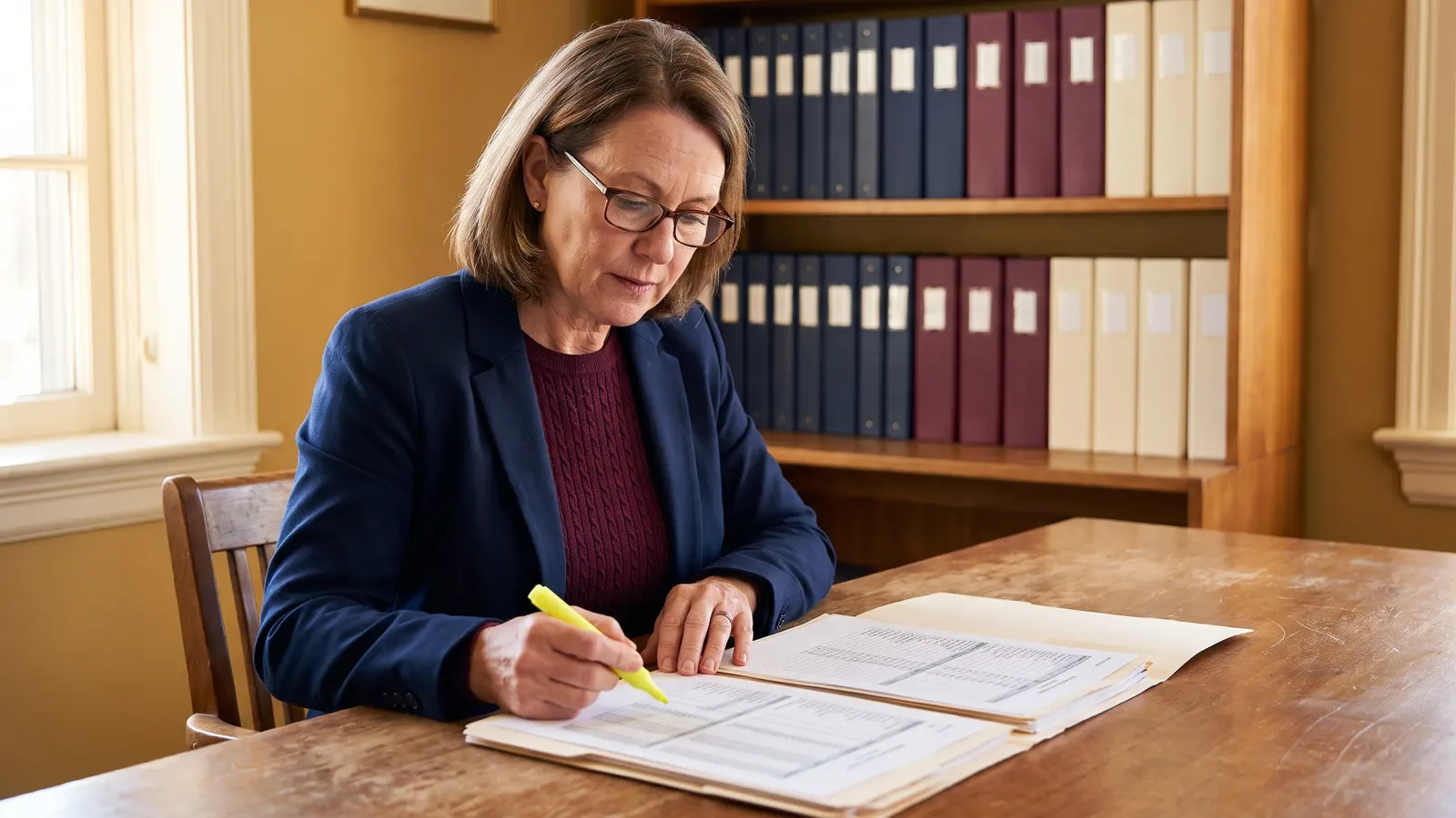 Same people, new name? Compliance reviewer comparing two folders of company records at her desk