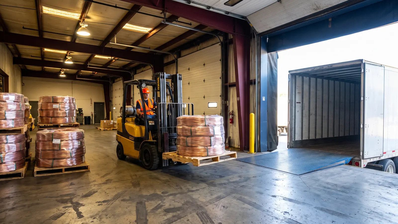 Pallets of copper wire coils staged on a warehouse dock beside an open dry van trailer