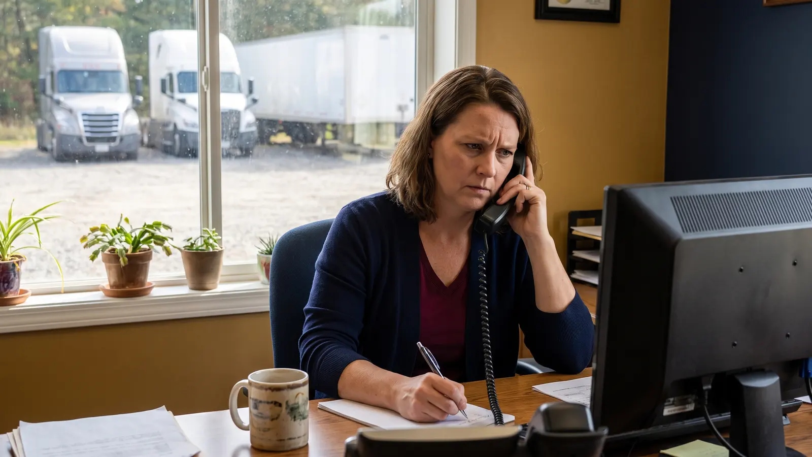 Dispatcher at a small trucking office calling a broker back on a phone number she looked up herself