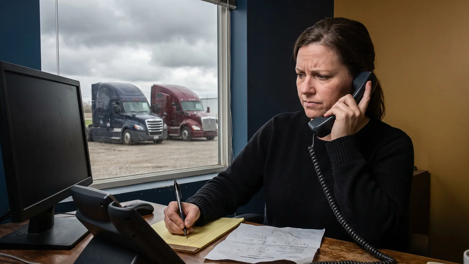 Trucking company dispatcher on the phone verifying a suspicious broker before booking a load