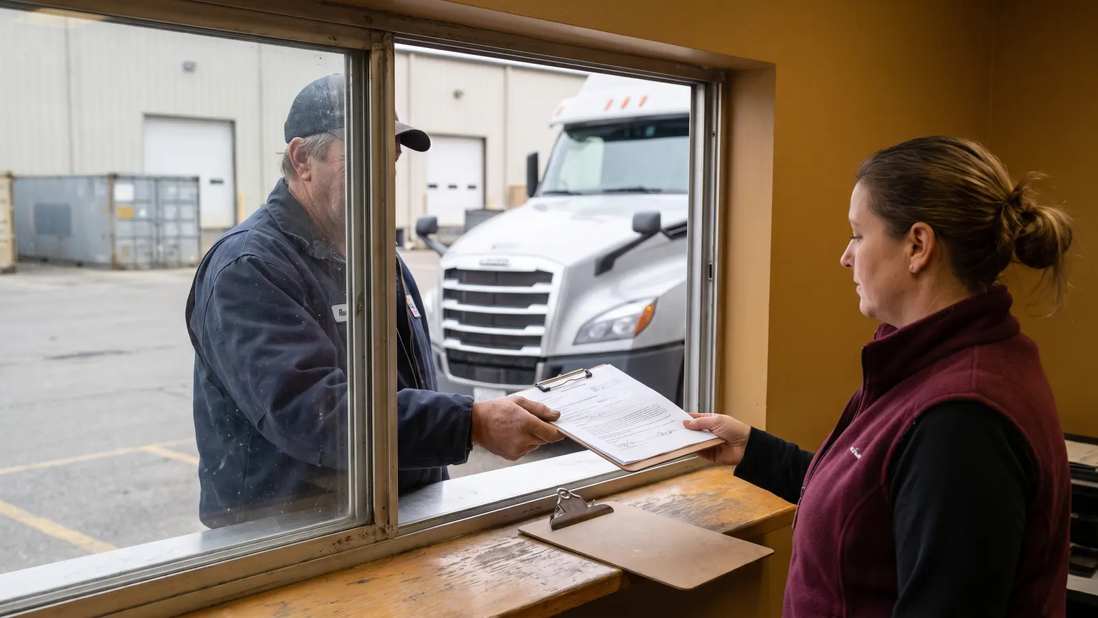 Truck driver handing a signed bill of lading to a clerk at a warehouse shipping window