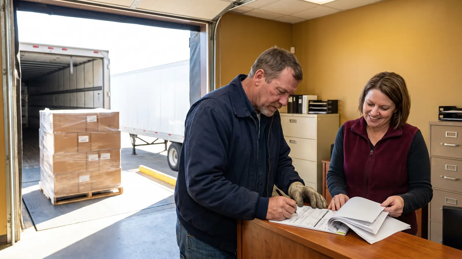 The bill of lading is a contract Truck driver signing a bill of lading with a shipping clerk at a shipper's dock office