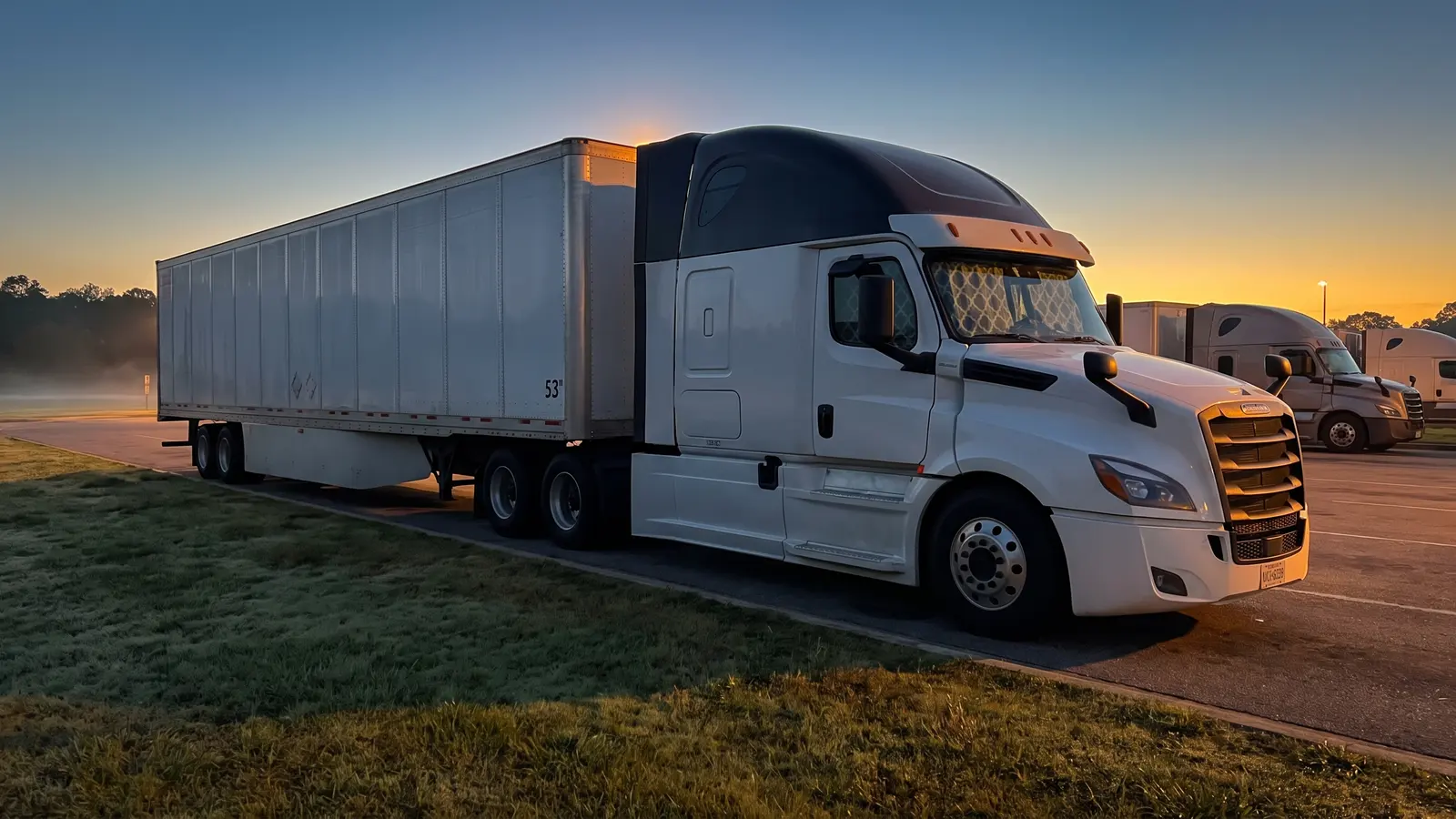 Tractor and 53-foot dry van parked at a highway rest area at dawn during a required break