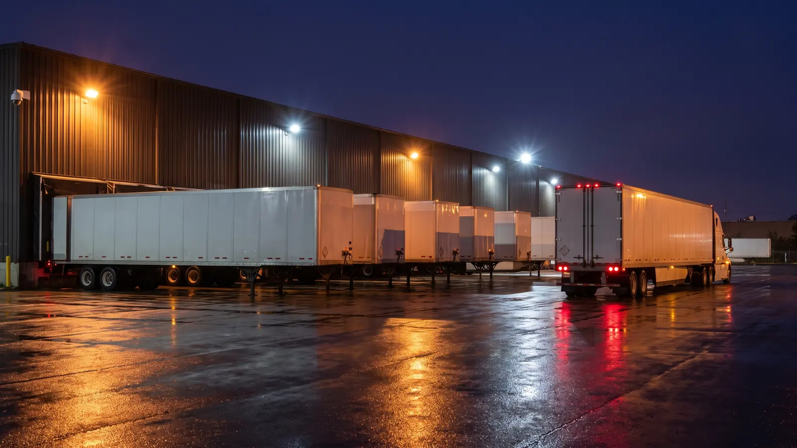 Loaded and waiting 53-foot dry van trailers backed into distribution center dock doors at night under security lights