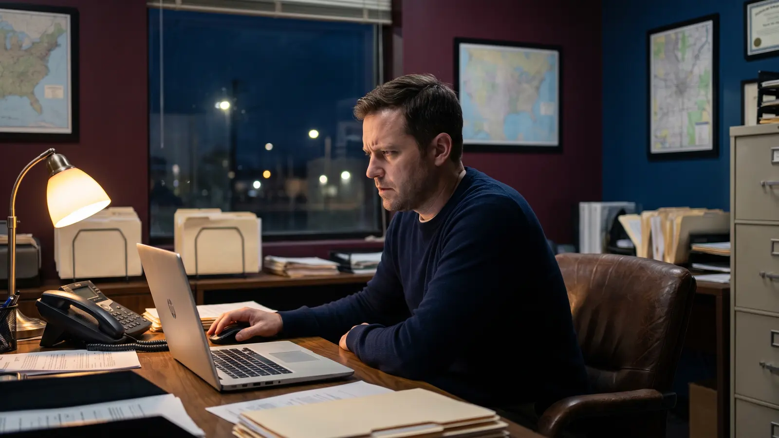 One click starts it Logistics coordinator reading a suspicious email on his laptop in a freight office