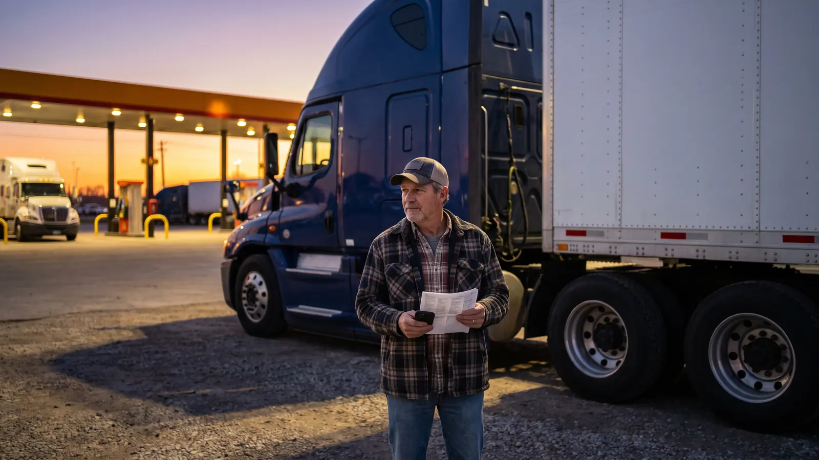 Check before you haul Owner-operator comparing a rate confirmation with his phone beside his dry van before a pickup