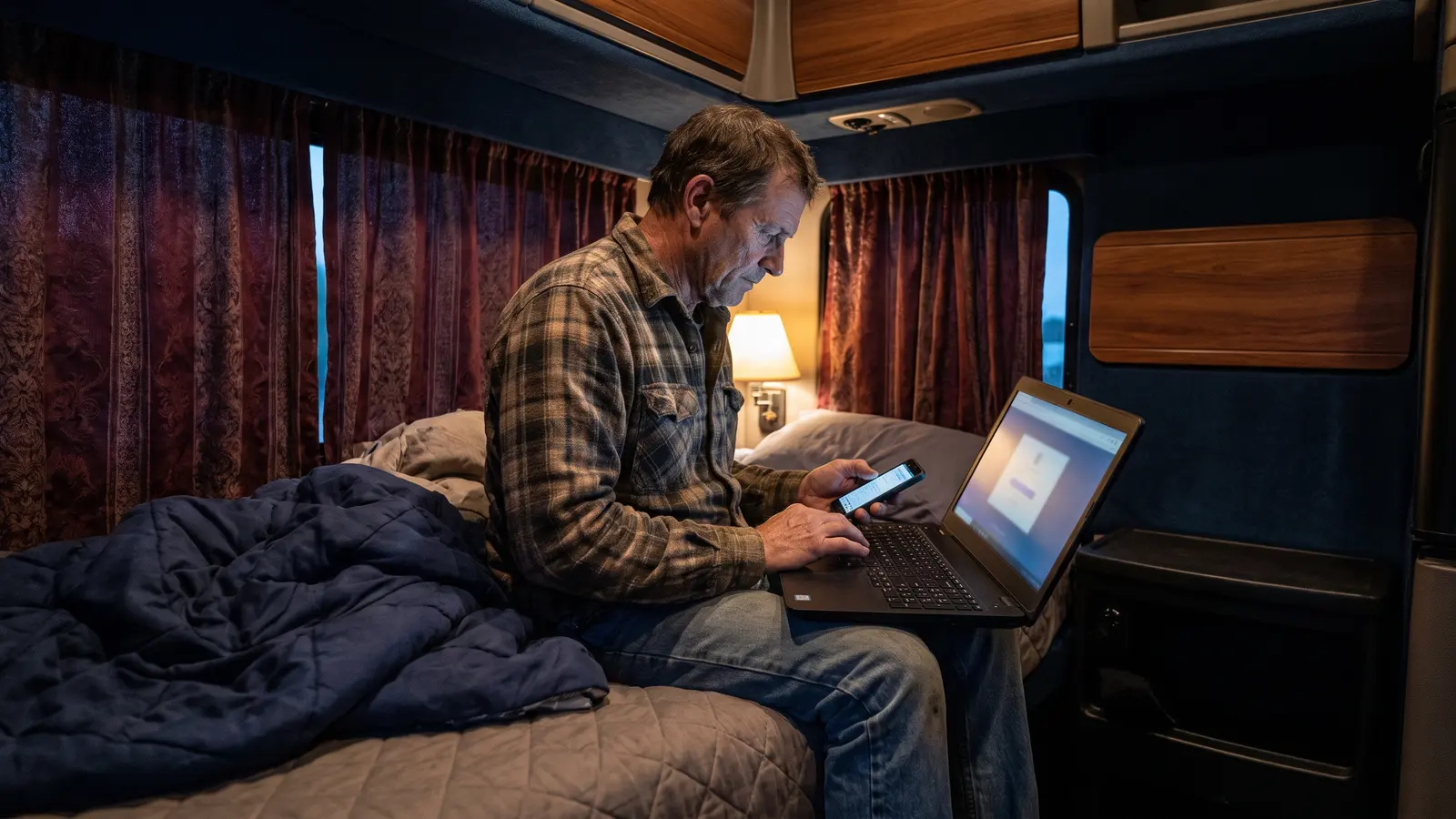 Owner-operator in his sleeper cab entering a sign-in code from his phone into his laptop