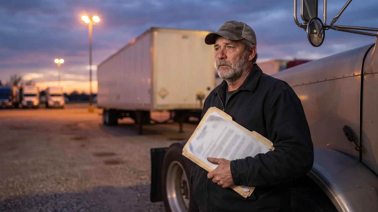 Owner-operator standing beside his semi truck at dusk holding a folder of unpaid load paperwork