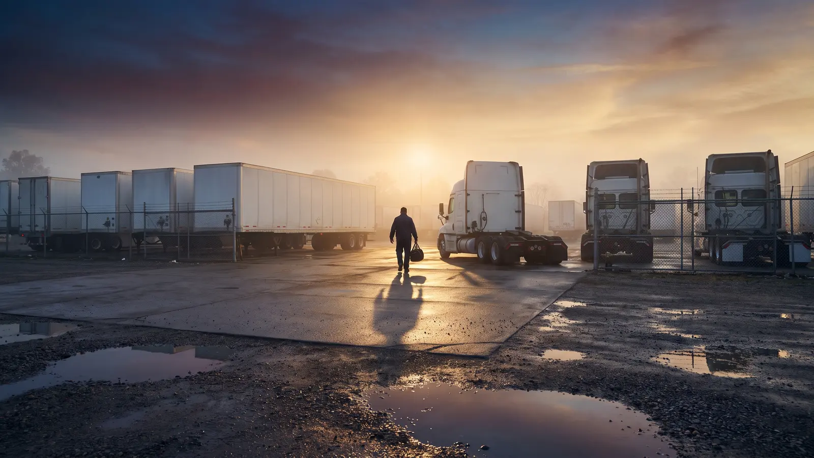 Row of 53-foot dry van trailers in a fenced trucking terminal yard at dawn