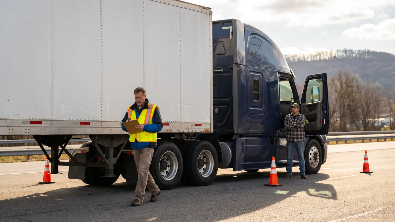 Safety inspector with a clipboard walking around a tractor and 53-foot dry van at an inspection site