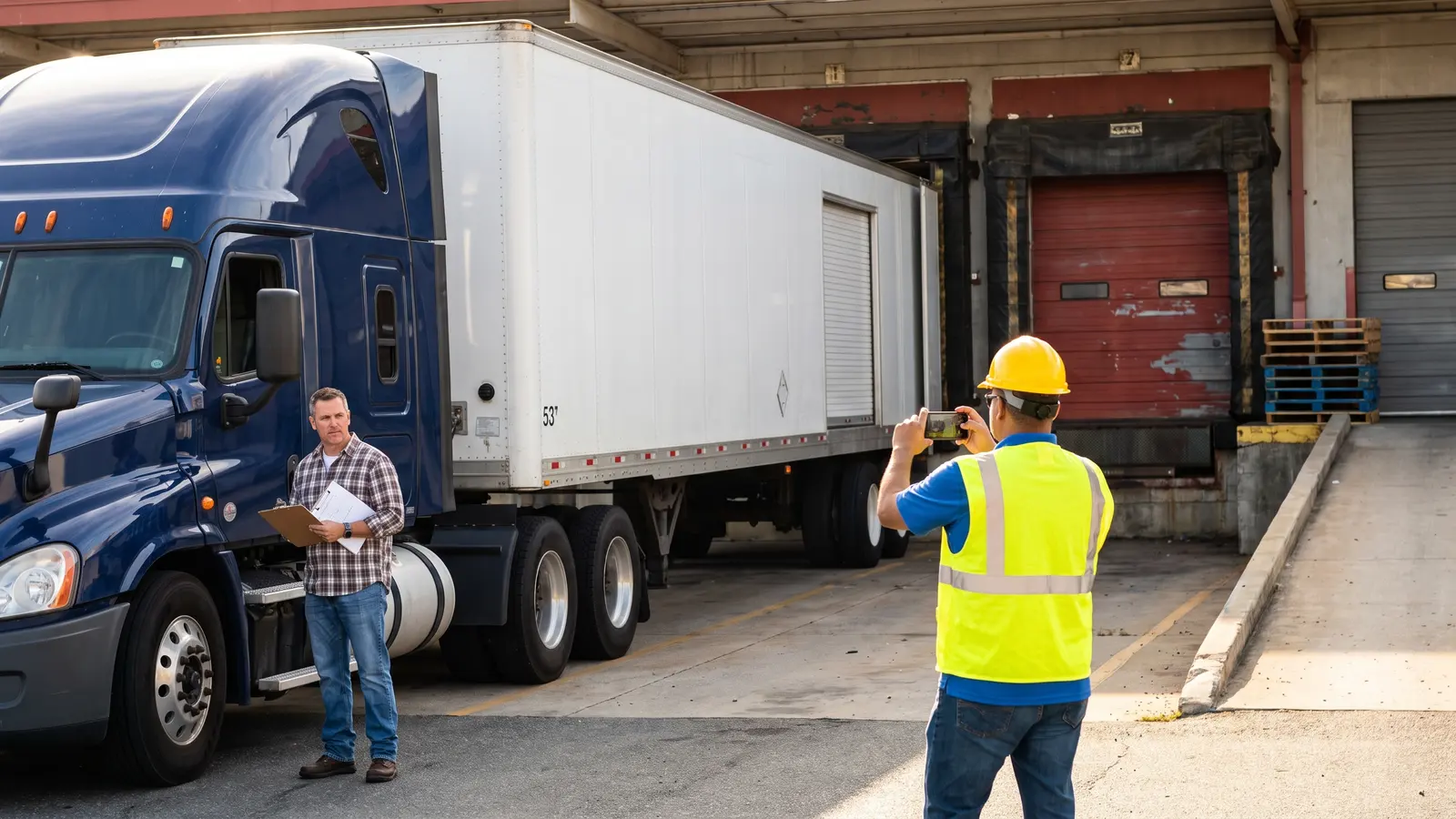 Shipping clerk photographing the truck and trailer at the dock before releasing a load
