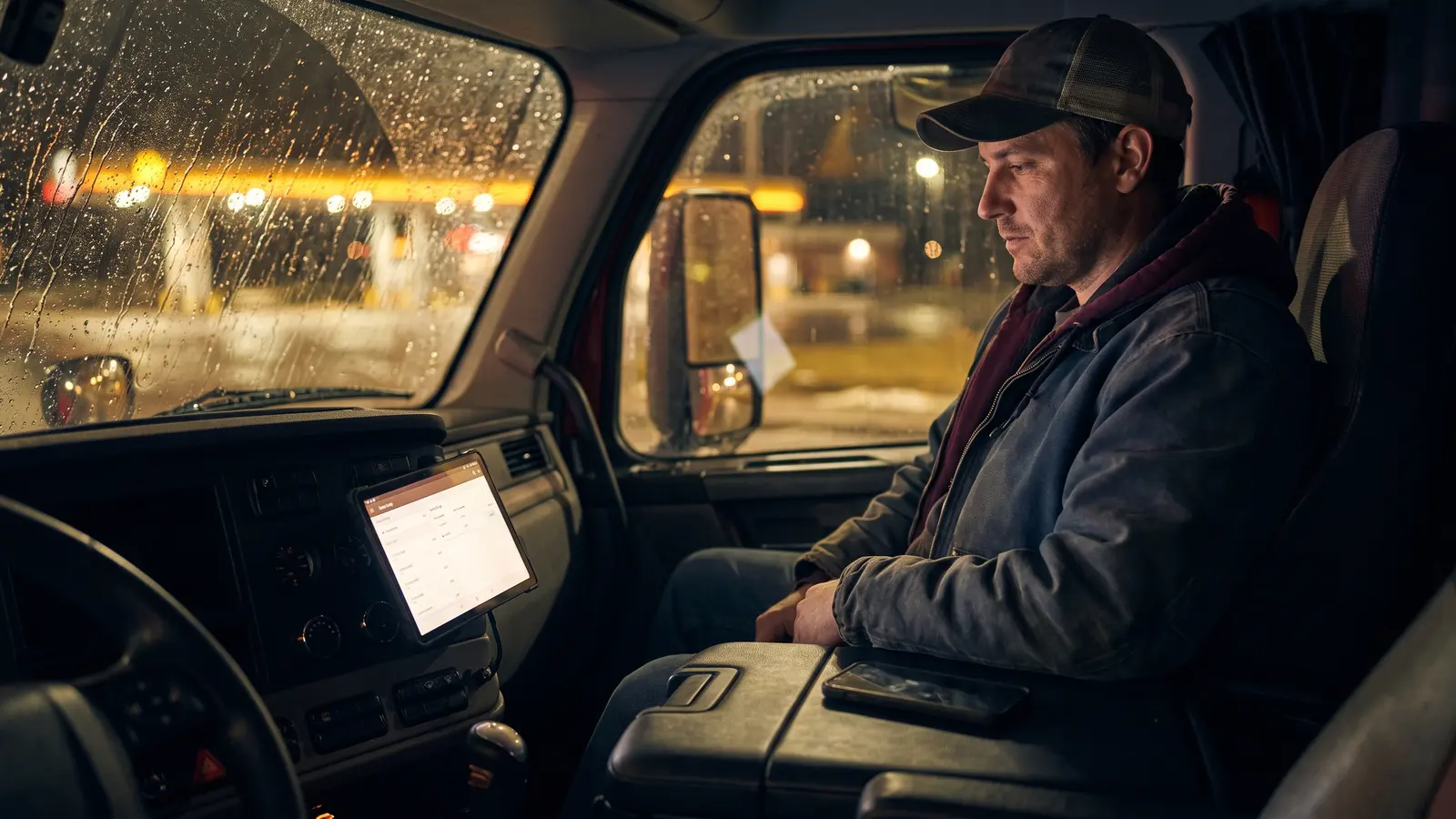 Out of hours Truck driver checking his hours of service on a dash-mounted logging device at night