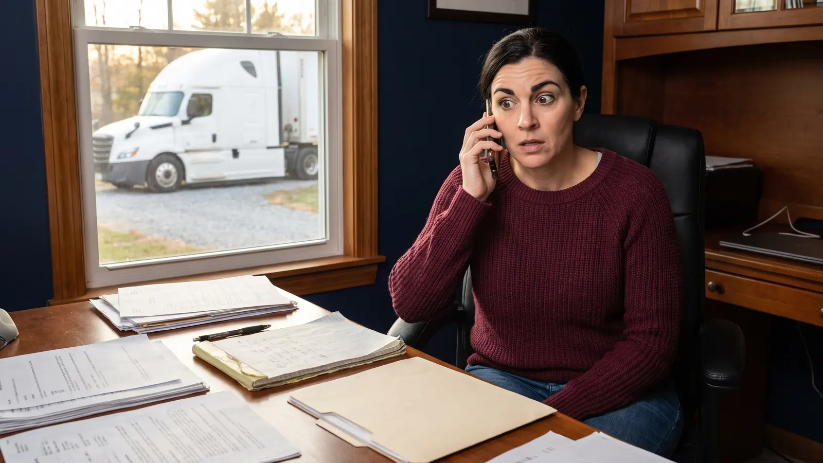 A call about a load you never booked Small trucking company owner on the phone, surprised by a call about a load she never booked