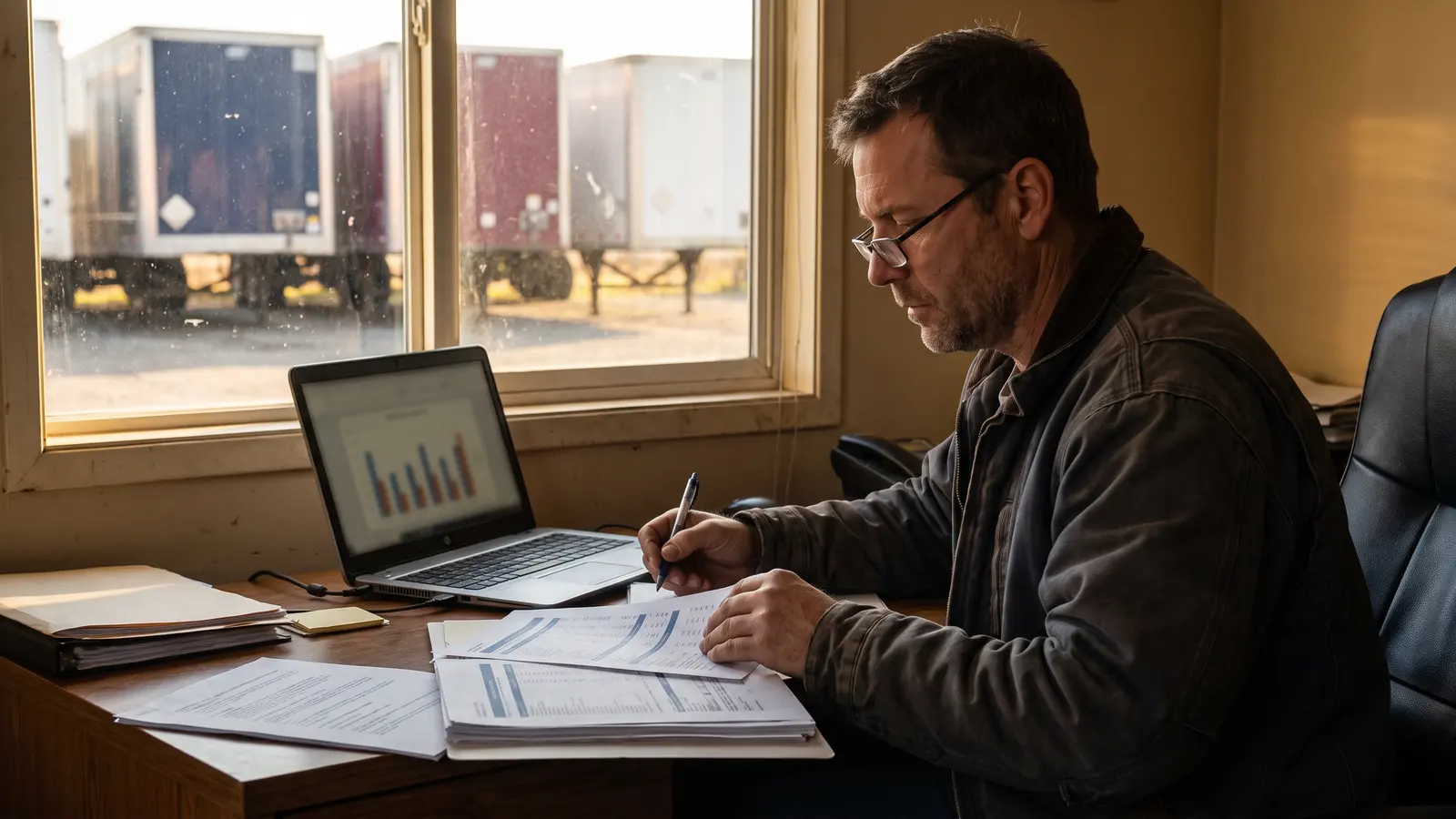 Reading the numbers Trucking company owner reading printed freight fraud reports at his office desk