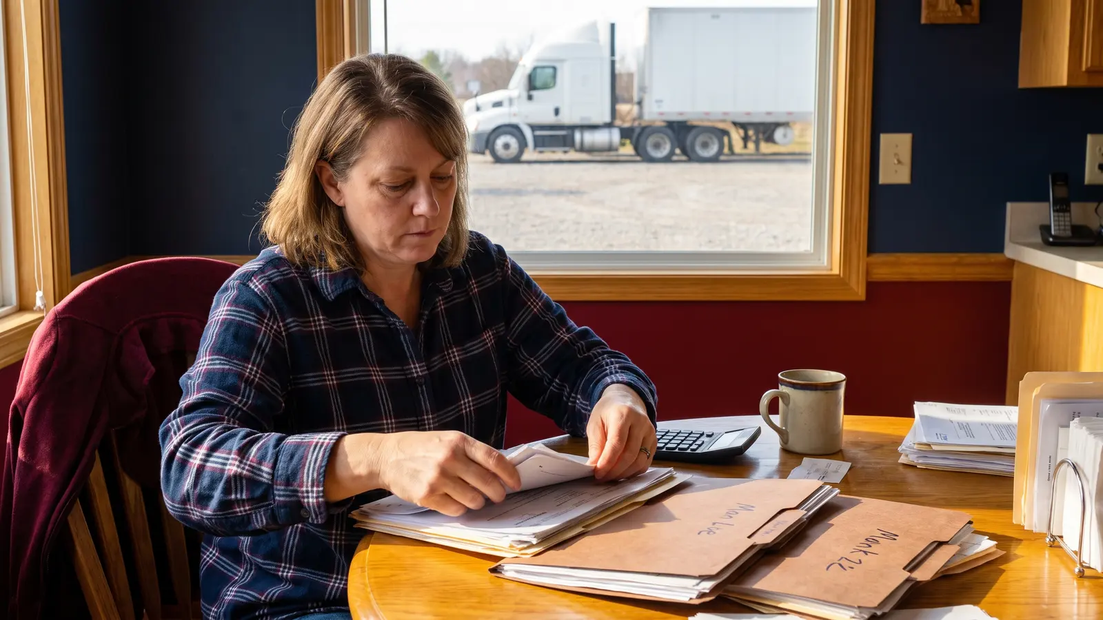Trucking company owner organizing bills of lading and invoices into folders at her kitchen table