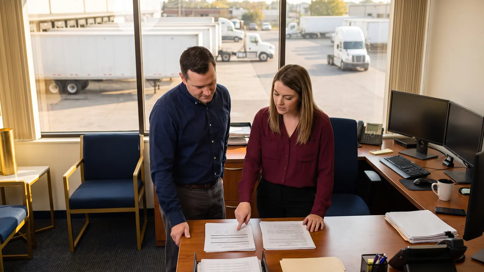 Two papers, one load Two freight office staff comparing two printed rate confirmations side by side